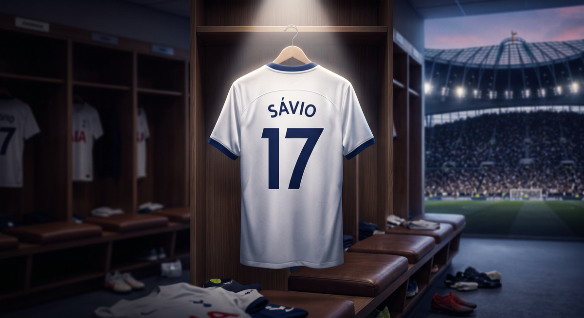 חולצת טוטנהאם לבנה עם הכיתוב SAVIO ומספר 17 על הגב, תלויה בחדר ההלבשה